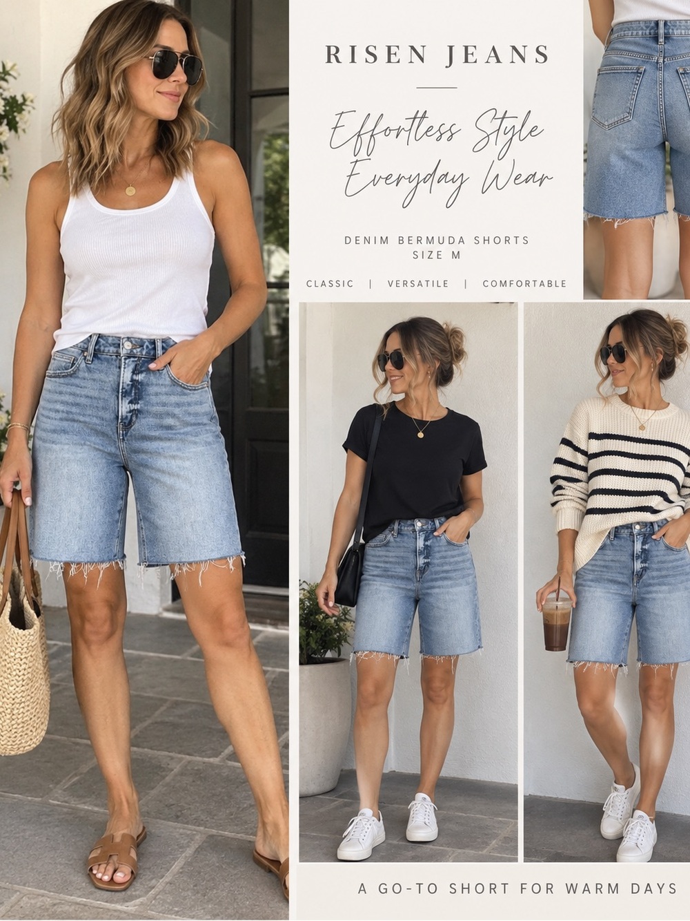 RISEN Jeans Women’s Medium Denim Bermuda Shorts Raw Hem High Rise Stretch
